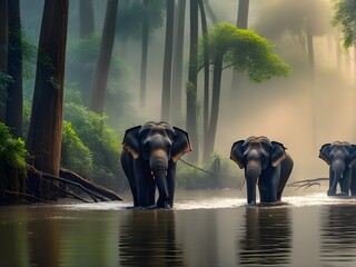 Giant Asian elephants in forest, walking through a river splashing water, sunlight beams are falling