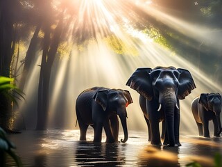 Giant Asian elephants in forest, walking through a river splashing water, sunlight beams are falling
