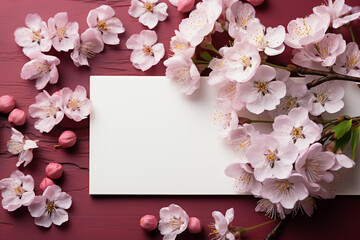 mockup white blank card on pink background with cherry flowers. 