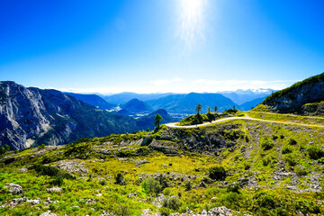 View of the surrounding landscape at the Loseralm near Altaussee in the Salzkammergut in Austria. Nature with panoramic views of the mountains on the Loser Alm in Styria.

