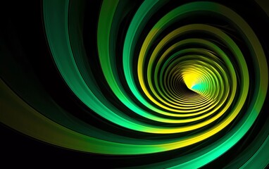 Spiral abstract illusion graphic design art with geometric shapes of green and yellow neon lines. generative ai