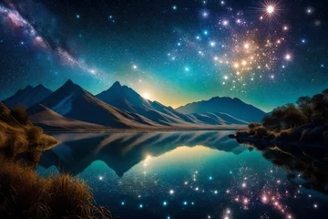 Fotobehang Along the shores of an astral lake, ephemeral reflections of distant galaxies ripple on the tranquil cosmic waters.   © Fatima