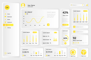 Dashboard design UX. Wireframe analytics, app template, UI website, yellow button, kit neomorphic mobile web interface, different icon menu, GUI. Graphics and charts, tools and diagrams. Vector mockup