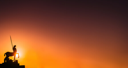 Pompeii, Italy. Statue Of Centaur On Territory Of Forum On Background Sunset Sunrise Sky.