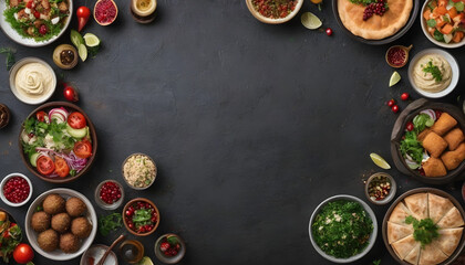 Assorted Middle Eastern and arabic dishes on a dark rustic background,border. Hummus,tabbouleh, salad Fattoush,pita,meat kebab,falafel,baklava,pomegranate. Halal food.Top view, flat lay, copy space