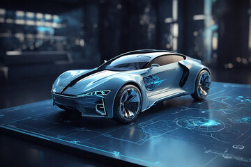 Fototapeta na wymiar Futuristic concept car on a futuristic interface background
