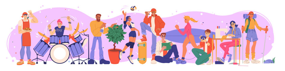 Hobby craft. Creative woman and man. Active leisure. People group. Music or sport. Photographer and tailor. Hiking or surfing. Artist painting picture. Happy musician. Persons entertainment vector set