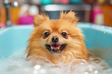 Pomeranian Dog Enjoying Bath Treatment in Pet Salon