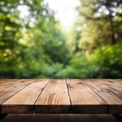 An empty rustic wooden table with a blurry boreal forest background is the perfect backdrop for mocking up a product display. The picnic table top can be customized for editing purposes. 