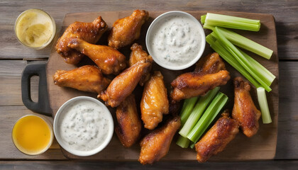 Overhead view of four different flavored chicken wings with ranch dressing, beer, and celery sticks