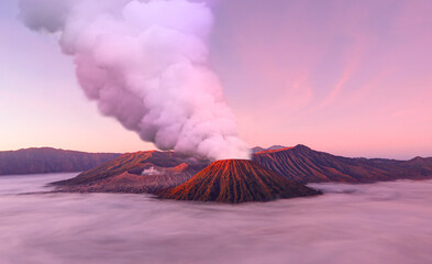 Beautiful landscape with Mount Bromo volcano viewpoint in Bromo Tengger Semeru National Park at...