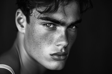 Artistic black and white studio portrait of a young American male model with an intense gaze.