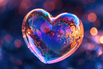 Close-up of a heart-shaped soap bubble, reflecting colorful light