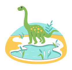 Cartoon dino. Cute dinosaur character by lake. Jurassic nature. Water pond and reeds. Extinct creature. Fantasy monster. Prehistoric reptile. Green herbivorous lizard. Vector children illustration