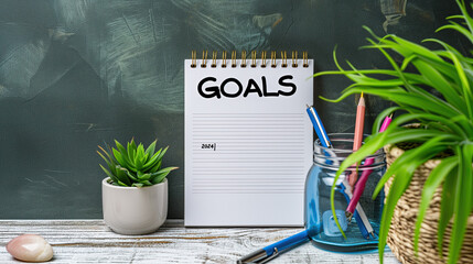 notepad with the word goals written on it - obrazy, fototapety, plakaty