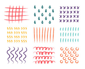Doodle elements. Color pencil drawing. Arrows and crosses. Parallel lines. Simple hatching. Scribble repeat drops. Rough sketch. Childish textures. Curve chalk strokes. Abstract patterns vector set - obrazy, fototapety, plakaty