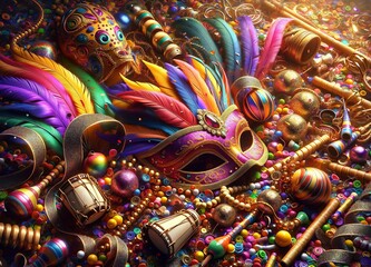 Fototapeta na wymiar Festive Carnival Decorations: Colorful Mask and Beads