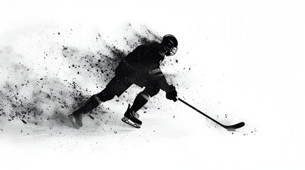 International Games And Sports Day, Abstract Silhouette Of A Hockey Player On White Background From Particles, Dust, Smoke, steam. Hockey Player Jumping And Performs Slam Dunk. Generative Ai