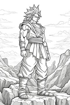 hazme a Goku el personaje de dragon ball z, en un campo de batalla, coloring page