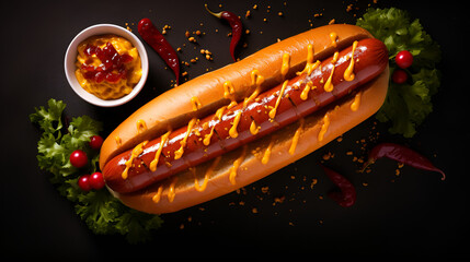 Hotdog Promotional commercial food photo isolated on black background. Isolated Hotdog Advertisement on Black Background - obrazy, fototapety, plakaty