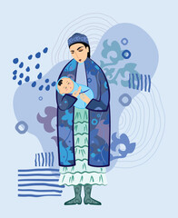Vector illustration. A beautiful young woman in a Kazakh national costume with a newborn on a background of ornaments and traditional Kazakh symbols. A postcard for Mother's Day.
