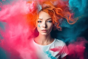 Women with a sparkler and colorful sprinkles over a color background. Bright and funny girl playing with colors of Holi, festival of color. on the colorful background. A colorful smoke bomb