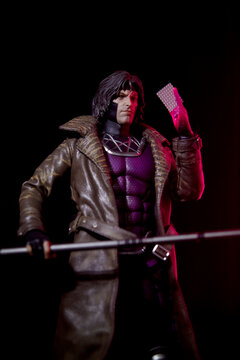Udachnyy, Russia - January 12, 2024: Fictional character  Gambit from X-men action figures from famous Marvel Comics performing.
Gambit from X-men is a American superhero film based on the Marvel 