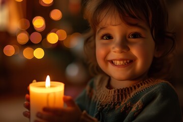 Smiling child holds candle brings happiness to family. Ai generative