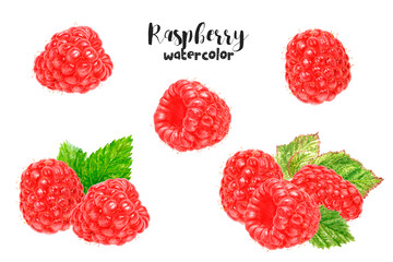 Watercolor illustration of raspberry close up. Design template for packaging, menu, postcards.