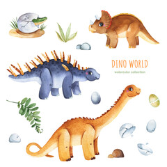 Cute dino world collection. Watercolor composition with plants,stones and cute dinosaurs.Perfect for baby shower,patterns,nursery decorations,invitations,party.	