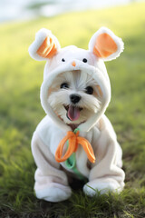 Cute puppy dog wearing easter bunny costume. Generative AI	
