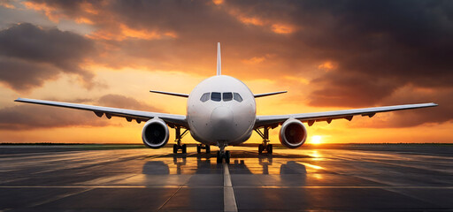 Sunset view of airplane on airport runway under dramatic sky. Front view of a modern large civil plane. generated by AI