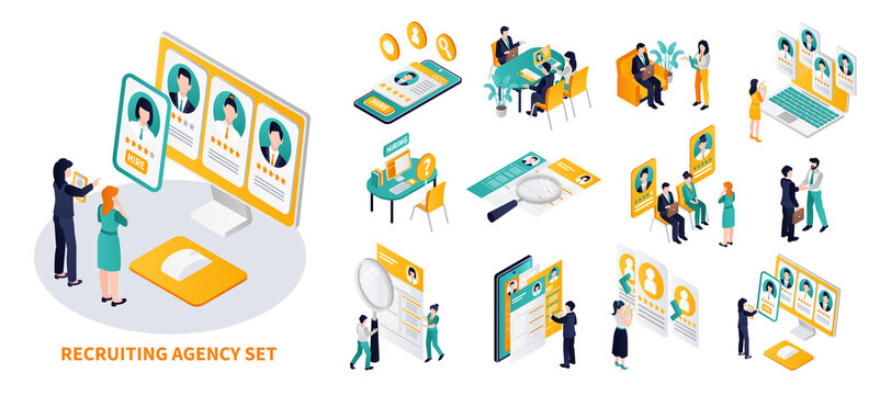 Recruiting agency isometric cartoon icons and illustration set