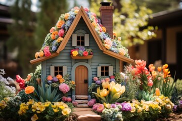 Fototapeta na wymiar Miniature house made of colorful flowers. Miniature house model.