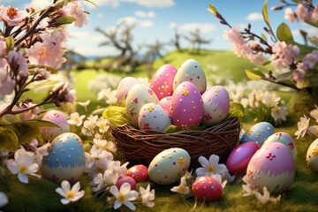 Multicolored Easter eggs as a symbol of the Easter holiday, painted with multicolored paints. Close-up.	