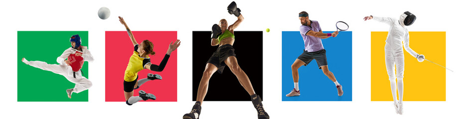 Sportive young athletes of various kind of sports in motion over white background with multicolored...