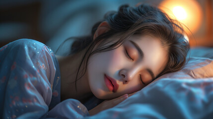 Close-up portrait of a young asian woman sleeping in bed.