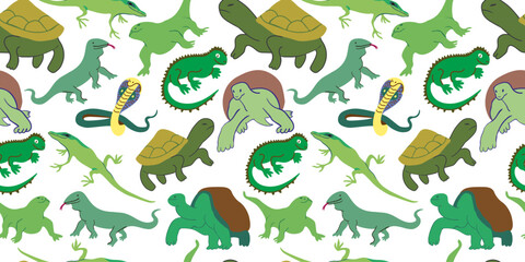 seamless pattern with reptiles and turtles. in vector. wild animal in flat style. Template for design, print, background, packaging, book, wrapping paper, fabric.