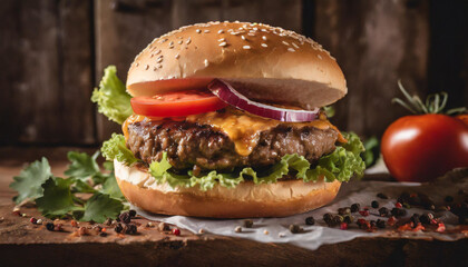 hamburger on a wooden background,burger, hamburger, food, cheeseburger, cheese, beef, 