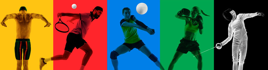 Monochrome set. Collage made of various athletes of different sports in motion over multicolored...
