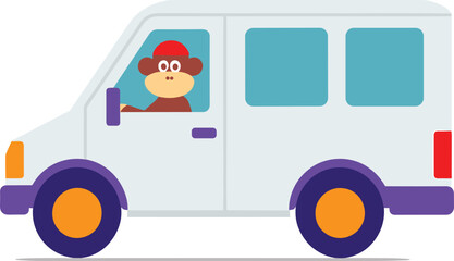 A monkey is driving a white van in this colorful vector illustration.