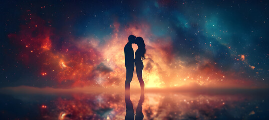 couple are kissing on universe background. Concept of Valentine's Day