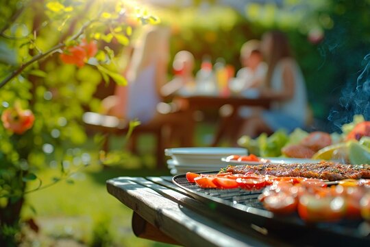 A photo of a family and friends having a picnic barbeque grill in the garden. having fun eating and enjoying time. sunny day in the summer. blur background