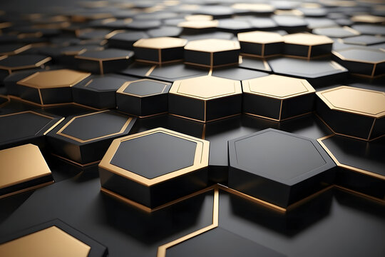 Hexagonal Elegance: Abstract Black and Gold Pattern 4k ai generated