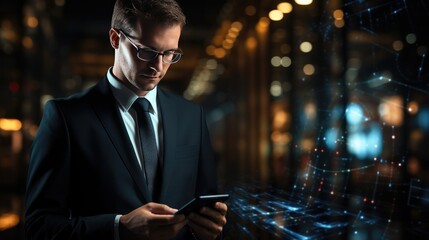 Portrait of handsome young businessman using smartphone on abstract digital background.- Generative AI - obrazy, fototapety, plakaty