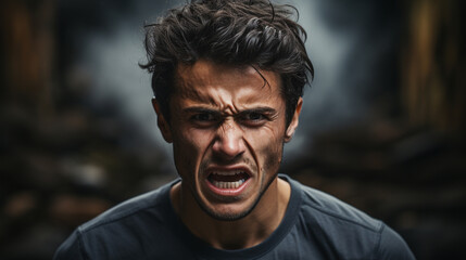 Fototapeta premium angry, excited young man, fire in the background, disaster