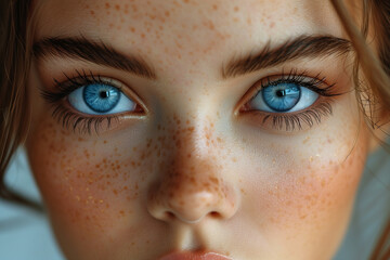 close-up portrait of a beautiful girl with nude make-up with blue eyes. face of pretty girl with beautiful big blue eyes, big eyelashes and eyebrows.woman or face with vision, innovation idea 