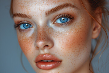 close-up portrait of a beautiful girl with nude make-up with blue eyes. face of pretty girl with beautiful big blue eyes, big eyelashes and eyebrows.woman or face with vision, innovation idea 