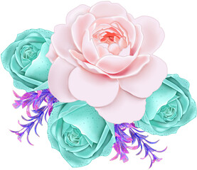 Bouquet of roses with mint buds. Floral isolated illustration.