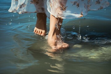Close up portrait of woman's feet walking on the beach